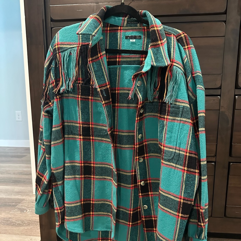 MOTHER Teal and Red Plaid Shacket. No pockets.